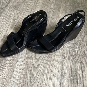 Prada Black Wedge Sandals
